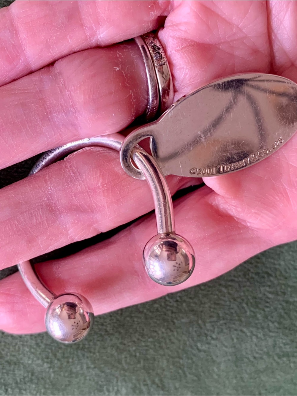 Tiffany & Co 2001 Sterling Silver Double Ball Keyring with Oval Tag
